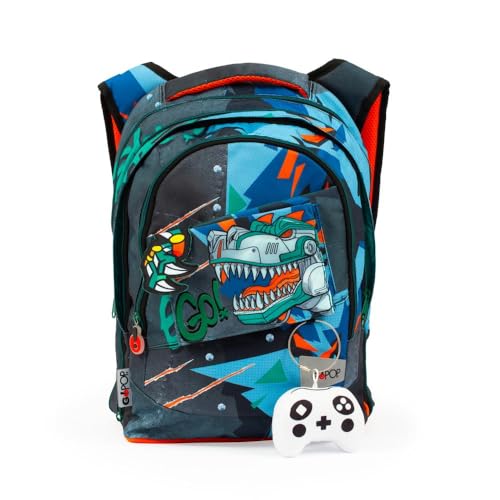 GO POP Zaino T-Rex Estensibile Round Per Bambini, 3 Scomparti E Tasche Interne, Schienale E Spallacci Imbottiti, Con Fascia Personalizzata E Pop Up, Per Scuole Elementari e Medie