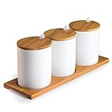 Ceramic Sugar Bowls with Bamboo Lids and Spoons-June Sky Muti-Functional Round Condiment Jar for Home- Spice Storage Canister,10.8 oz 320 ML,3 Pcs Set