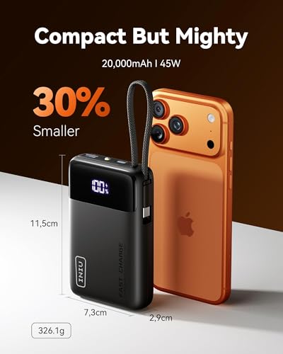 Image of INIU 20000mAh Power Bank, Small 45W PD Fast Charging Portable Charger with Built-in USB C Cable, Flight-Safe Travel External Phone Battery Pack for iPhone 17 Pro Max Samsung S26 iPad etc, Jet Black | Flight-Safe, Built in USB-C Cable, Travel Essential, Battery Phone Pack for iPhone 17 16 Pro, Samsung S26 etc, Jet Black