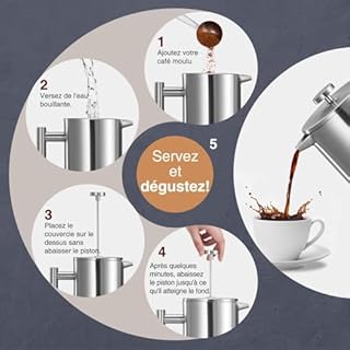 VonShef Cafetière à Piston - French Press en Acier Inoxydable - Cafetière à Piston avec Filtre Lavable, Cuillère Doseuse/Pince de Fermeture de Sachet - Pour 3 Tasses, 350 ml