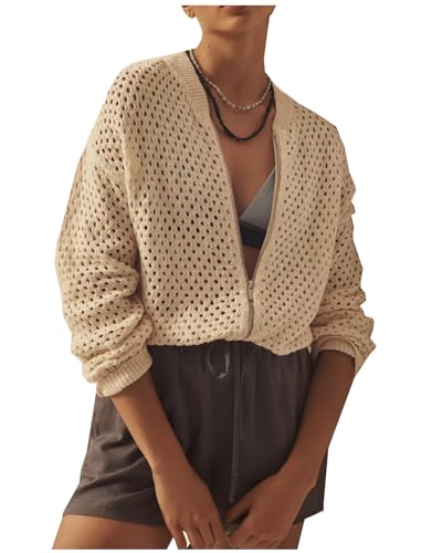 Women's Mesh Cardigan Sweaters Hollow Out Lantern Long Sleeve Zip Up Crochet Fishnet Knit Shrugs Sweater Jacket