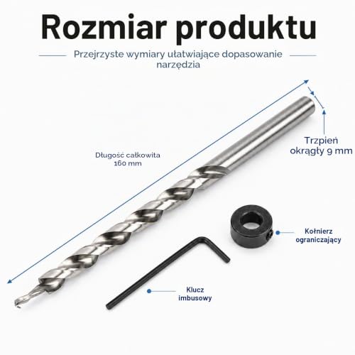 Uadme Zestaw wierteł do uchwytów kieszeniowych, 9mm wiertełko spiralne wielostopniowe, wiertło do uchwytów kieszeniowych z ogranicznikiem głębokości i kluczami, do prowadnic kieszeniowych