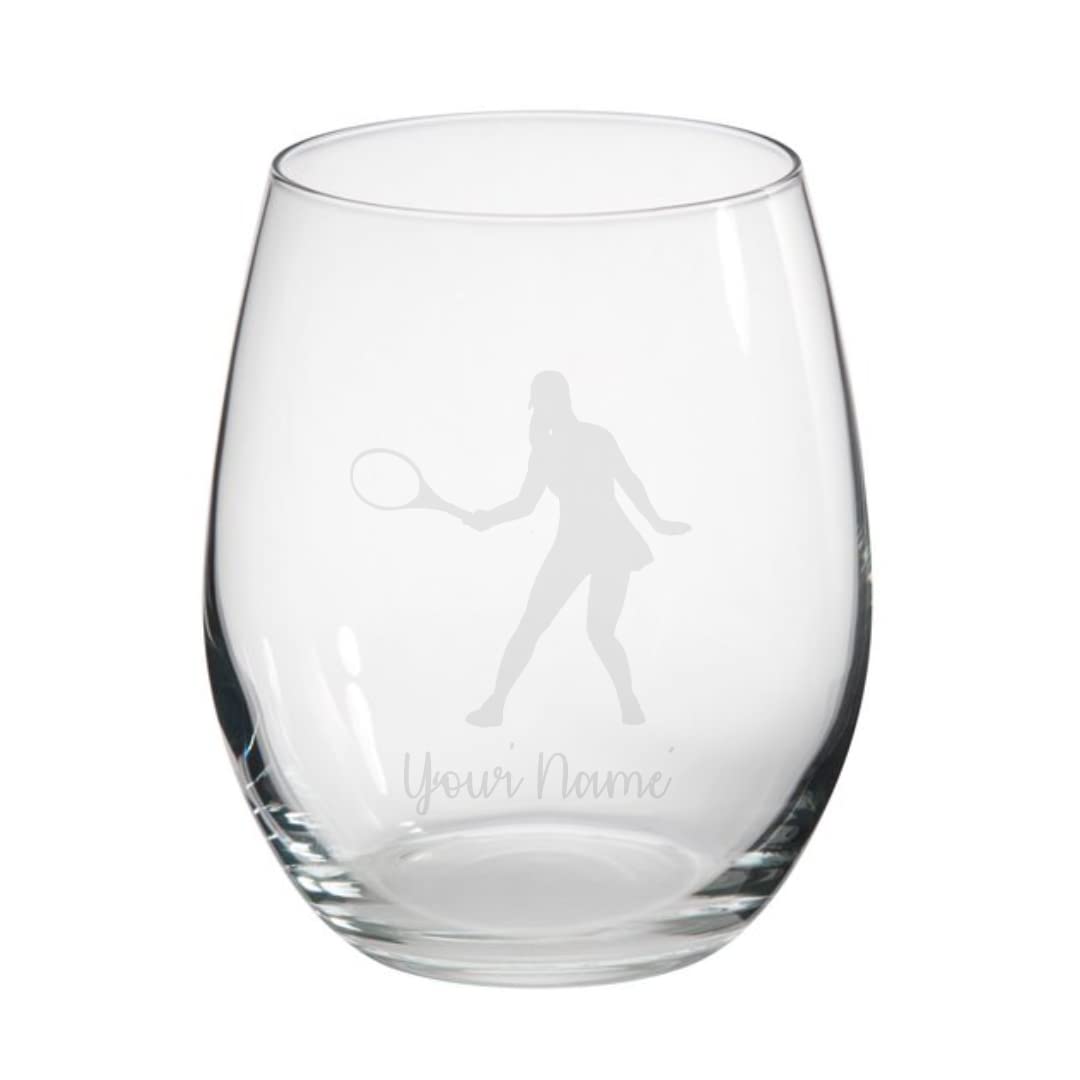 Personalised Female Tennis Player Engraved Stemless Glass, Sports Gift for Women