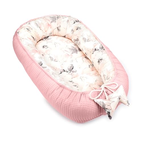 Babynest Neugeborene Nestchen Baby 50x90cm - Kokon Handmade zweiseitig aus Baumwolle Waffel mit Babynestchen 2. Wilde Rose Rosa