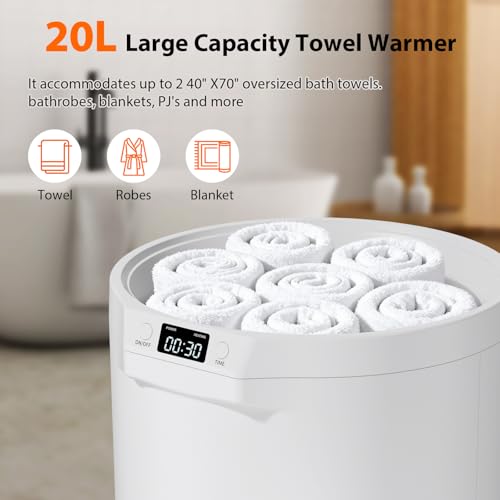 Image of Towel Warmer, 20L Large Towel Warmers for Bathroom, Towel Bucket Fits Up Two 40 inchX70 inch Oversized Towels, Bathrobes, Blankets, Towel Heater with LCD, 4 Timer Setting and Auto Shut Off(White)