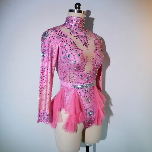 Yoyomomozi Fashion Rhinestone Bodysuit pink red Yellow Ruffle Women Big Stretch nightclub Prom Bar costume Stage Singer Show dance Leotard (PINK)