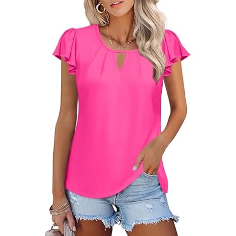 IHOT Ladies Summer Shirts Soft Cute Ruffle Sleeve Round Neck Basic Tees Blouses Tops for Women Rose Red M Cover