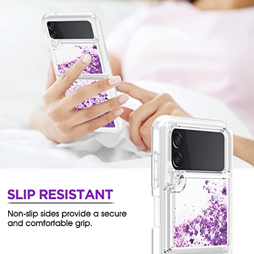 Anshow For Samsung Z Flip 4 Case Glitter, Shockproof Clear Tpu Liquid Glitter Case, Bling Purple Glitters Case For Samsung Z Flip 4 For Women Protective Cover #TOP5