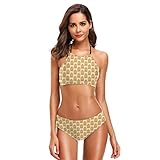 Parte superior del bikini de cuello alto sujetador suave acolchado cuello halter ajustable y correas traseras; la parte inferior del bikini triangular se corta con una pierna mediana y está cubierta de manera moderada