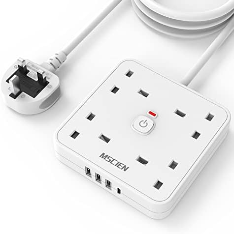 Extension Lead with USB Slots, MSCIEN, 4 Way Outlets 4 USB1 Type-C and 3 USB-Awith LED Indicator Switch , Wall Mounted Extension Lead with 3M for Home Office White