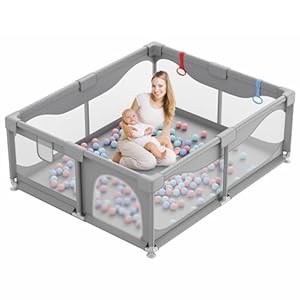Valquid Baby Playpen, 130X130cm Playpen for Baby and Toddlers with Suction Cups, Anti-Fall Fence Kids Activity Center with Breathable Mesh, Ideal for Indoor & Outdoor, Grey