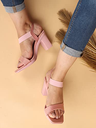 Image of XE Looks Women's Peach Stylish Block Heels | Open-Toe Sandals with Elastic Support | Anti-Skid Sole & Cushioned Footbed Block Heels For Girls & Women