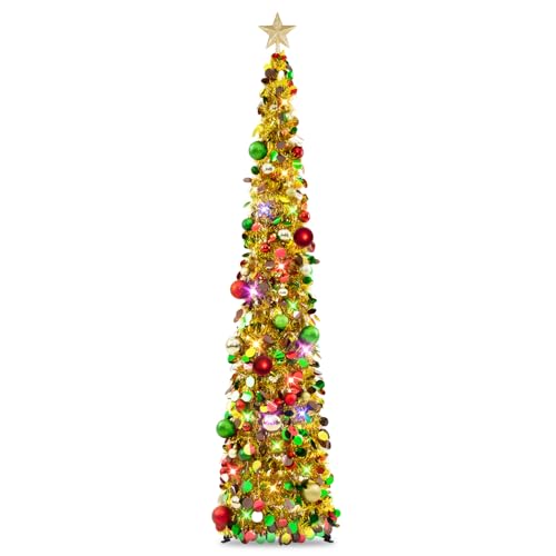 N&T NIETING Pop Up Christmas Tree with Lights & 40 Balls, 6Ft Collapsible Gold Mix Tinsel Tree Decorations for Holiday Home Office Decor, Gold