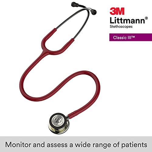Image of 3M Littmann Classic III Monitoring Stethoscope, 5864, More Than 2X as Loud, Weighs Less, Stainless Steel Champagne-Finish Chestpiece, 27 inch Burgundy Tube, Smoke Stem, and Headset (Pack of 3)