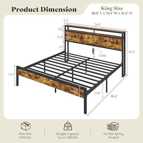 Image of AMERLIFE King Size Bed Frame with Storage Headboard & Charging Station, Industrial Metal Platform Bed with Large Under-Bed Storage, Heavy Duty Slats, No Box Spring Needed, Dark Brown