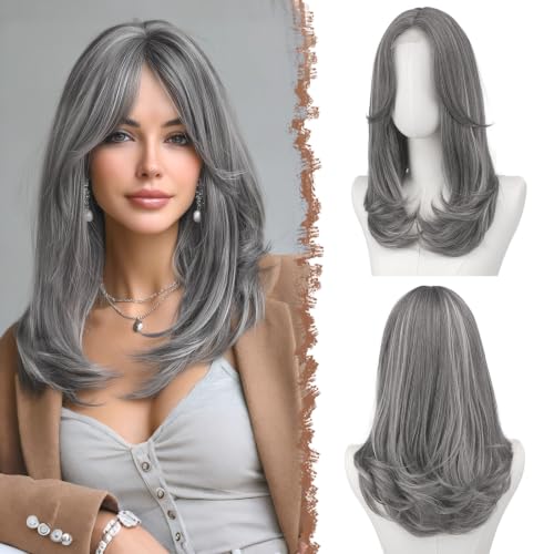 FESHFEN Lace Front Hairline Wigs with Bangs, Synthetic Natural Looking Long Layered Straight Hair Wig for Women Daily Party Costume, 18 inch Mix Grey