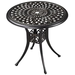 Yaheetech 31in Cast Aluminum Patio Table with Umbrella Hole, Outdoor Round Anti-Rust Small Coffee Bistro Table with Umbrella Hole, Outdoor Furniture for Porch, Backyard, Garden, Bronze