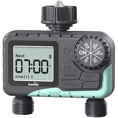 RAINPOINT Sprinkler Timer Outdoor, Programmable Water Timer for Garden Hose, Drip Irrigation Timer System with Rain Delay/Manual/Automatic Mode, Faucet Controller Sprinklers for Yard, Lawns,2 Outlet Cover