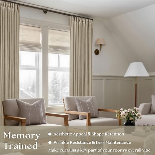 Image of Extra Long Pinch Pleated Linen 108 Inch Curtains 2 Panels Set for Living Room Bedroom Farmhouse Tan Brown Cotton Flax Back Tab Memory Shape Pinch Pleat Ceiling Floor Window Curtains 9 FT Grey Beige