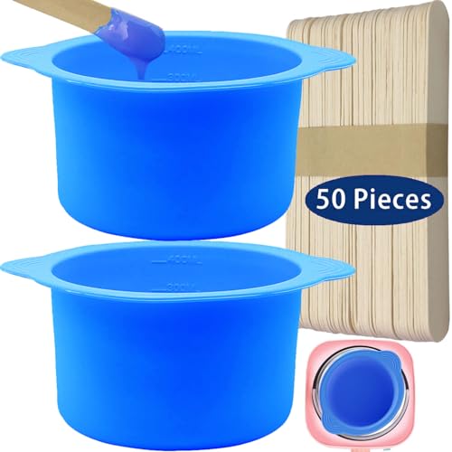 Image of 2-pack Silicone Wax Warmer Liner, Silicone Wax Bowl for Wax Warmer, Non-Stick Wax Melt Warmer Wax Pot Replacement, Reusable Wax Melt Liner with 50 Pcs Wax Spatula Sticks for Hair Removal(Blue)