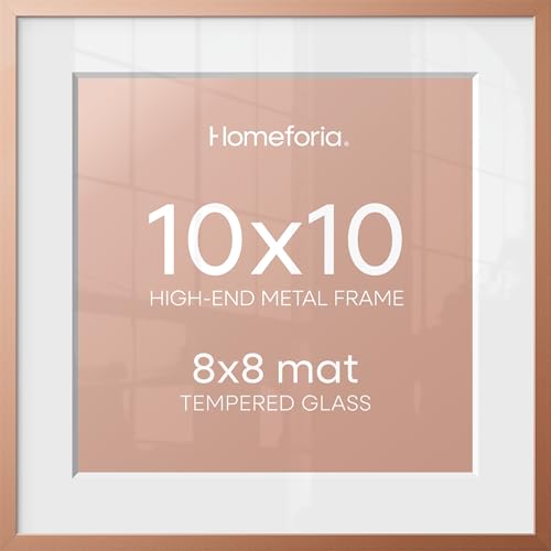 Image of Homeforia 10x10 Rose Picture Frame, High-End Metal, 8x8 Mat, Glass | High End Aluminum, Tempered Glass, Acid-Free 8x8 Removable Mat, 10x10 in Edge-to-Edge Display 10x10, Wall Kit, Set Of 1