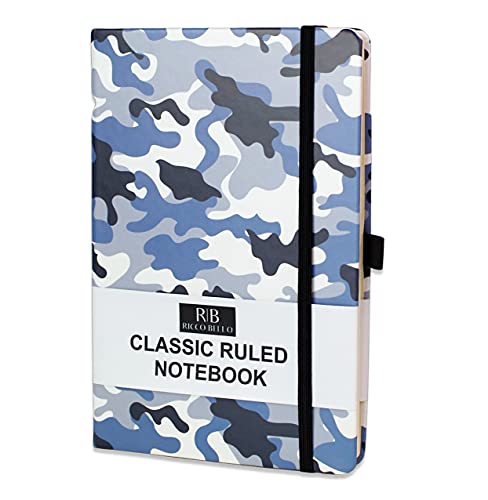 RICCO BELLO Camo Notebook, College Ruled Hardcover Lined Lay Flat Journal, Vegan Friendly Faux Leather, Elastic Closure, Pen Loop, Bookmark, Inner Pocket, 192 Lined Pages, 5.7 x 8.4 inches (Blue Camo)