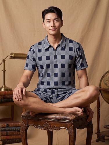 Image of Men's Printed Zip Polo Neck T-Shirt with Half Short Pant Co-ord Set Fabric, Stylish Printed Design, Comfortable Regular Fit