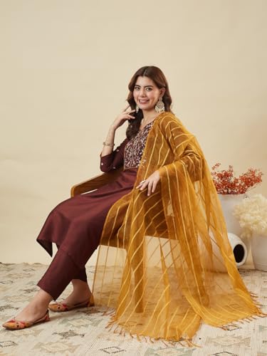 Image of MOKOSH Women's Silk Blend Kurta Pant with Dupatta | Kurta Set | Embroidery | Indian Kurta Outfit With Pant | Ethnic Kurta | 3 Piece Outfit
