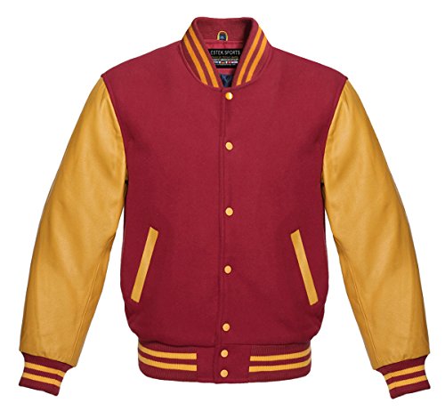 Men's Authentic American Varsity Letterman Jacket Maroon Wool Blend & Genuine Gold Leather Sleeves College School University Team Class Baseball Jacket (6XL)