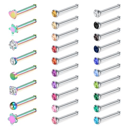 WillTen 30 pièces Épingles de nez droites en argent, 20G Anneau de nez droit ou en forme de L en acier chirurgical inoxydable, petites épingles de nez, bijoux de piercing de nez en argent, vis en os