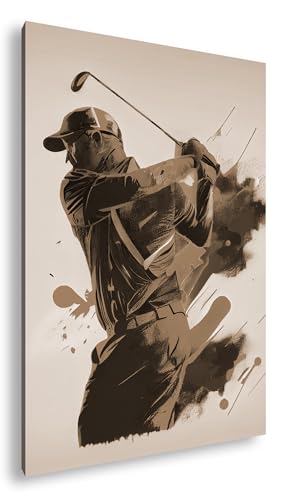 Idée cadeau golf : grand tableau de golfeur sépia et coloré 100 x 70 cm sur cadre bois