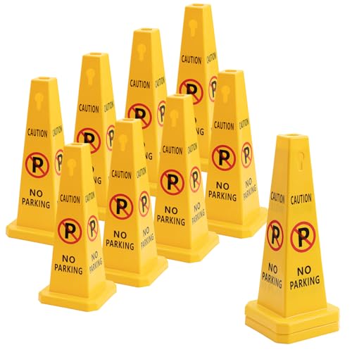 Cinnvoice 10 Pack No Parking Cones 26.38 Inch Four Sided Visibility Traffic Safety Cone No Parking Sign Floor Standing Yellow for Lawn, Driveway, Garage, Yard, Fire Lane, Construction, Street by Cinnvoice - Used condition - US$65.76