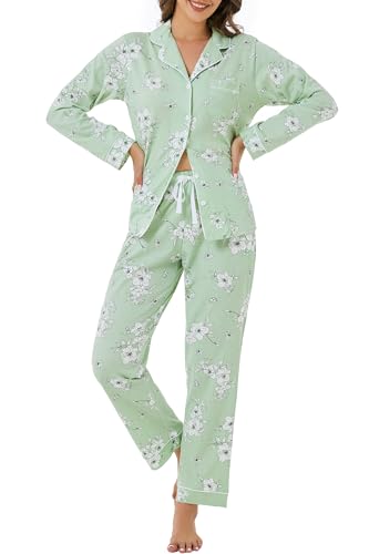 Image of LUBOT 100% Cotton Pajamas for Women Pajama Set 2 Piece PJ Sleepwear Set Soft Ladies Button Knit Long Sleeve Loungewear XS-XXL