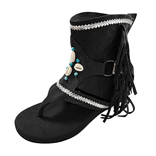 ZTFYKLIN Sandalias Planas Para Mujer Retro Exteriores Con Borlas, Zapatos Mujer, Tapa Chanclas Dedo Cuña (Black, 40) Verano Deportivas Talla 43 Scheker Adolescentes Chica Pies Delicados Comodas