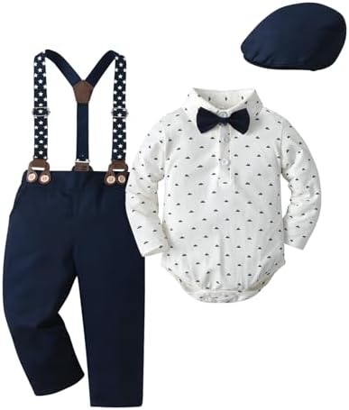 Baby Boys Pants Sets, Infant Long Sleeve Shirt + Pants + Bow Tie + Suspenders + Cap,Toddler Gentleman Outfits,3-6M
