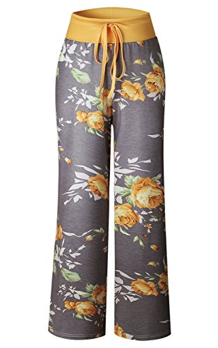 Image of AMiERY Women's Comfy Casual Pajama Pants Floral Print Drawstring Palazzo Lounge Pants Wide Leg