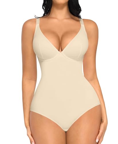 Image of FeelinGirl Shapewear Bodysuits for Women Tummy Control Deep V Neck Body Suits with Adjustable Straps Tops