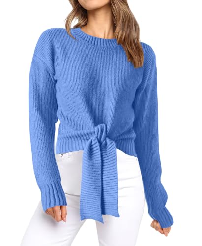 Okiwam Womens Sweater Long Sleeve Crew Neck Tie Front Crop Tops,Blue,S