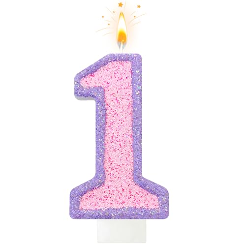 NHJINX 1st Birthday Candle for Girls, Pastel Pink & Purple Glitter Number 1 Cake Candle, Cute Princess Birthday Party Decoration