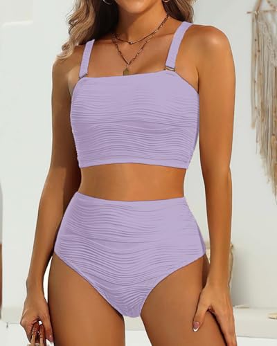 Image of High Waisted Bandeau Bikini Set - Women Strapless Two Piece Swimsuits Ribbed Longline Full Coverage Bathing Suits Swimwear