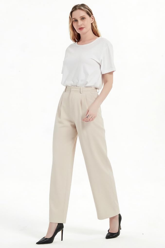 Tronjori Women High Waist Casual Straight Leg Long Business Work Suit Dress Pants Wide Leg Trousers Regular Waistband