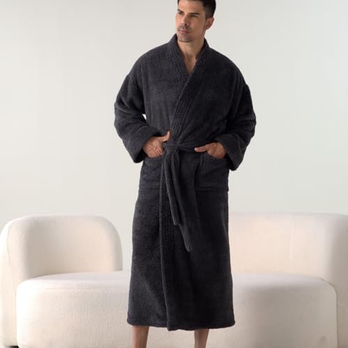 Men's Billowy Fleece Bath Robe Belt Bathrobe Chunky Comfy Cold Weather Drop Shoulder Baggy Fall Bathrobes3