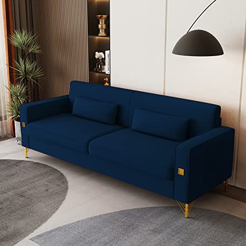 Drymote Blue 85.63" Velvet Couch With 2 Pillows 3 Seater, Modern Couches For Living Room With Firm Frame & Gold Metal Legs, Sectional Couch For Bedroom, Office #TOP6