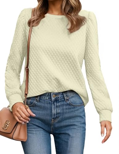 Teepie Women Long Puff Sleeve Sweatshirt 2025 Fall Fashion Sweater Lightweight Knit Twist Texture Tops White L