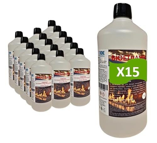 Bioéthanol 1L X 15 – Combustible Écologique Premium pour Cheminée Poêles en Acier InoxydableI – Flamme Propre, sans Odeur ni Fumée – Ressources Végétales – Haute Performance (1Lx15)