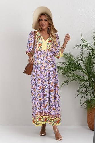 Image of Women Short Sleeve V Neck Floral Print Casual Bohemian Maxi Dresses