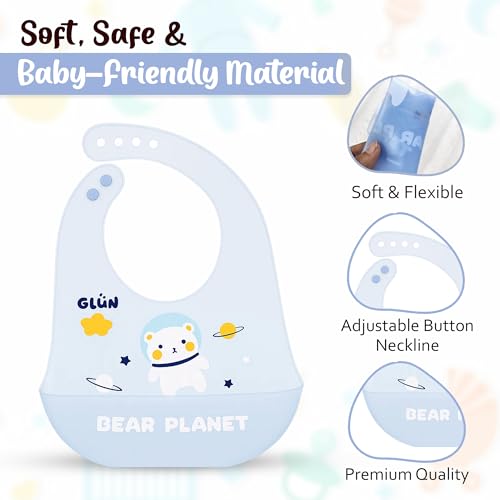 Image of GLUN 1 Soft Feeding Spoon & 1 Piece Bibs Combo, Cute Bear Print Bib with Carry Bowl for Growing Champs, Easily Wipes Clean, Less Time Cleaning after Meals for Babies