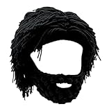 Acrylic Punk Style Beanie with Attached Straight Hair Wig and Knitted Beard, Funny Wig Bearded Hats for Men Women (Black)