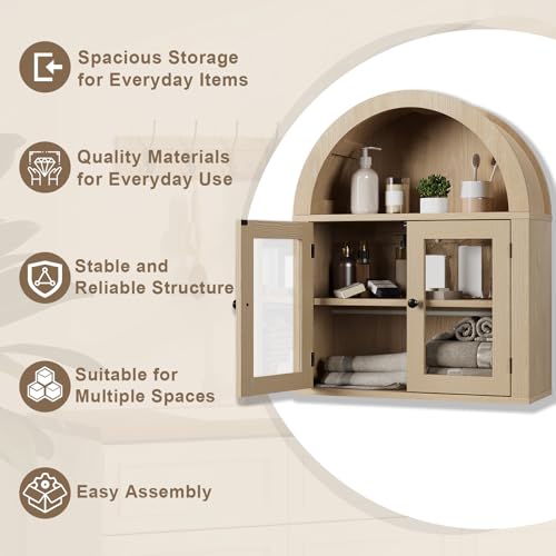 Image of ChooChoo Arched Wall Cabinet with Acrylic Doors, Bathroom Cabinet Wall Mount Over The Toilet with Display Shelf, Wooden Storage Cabinet for Kitchen, Living Room or Entryway, Natural