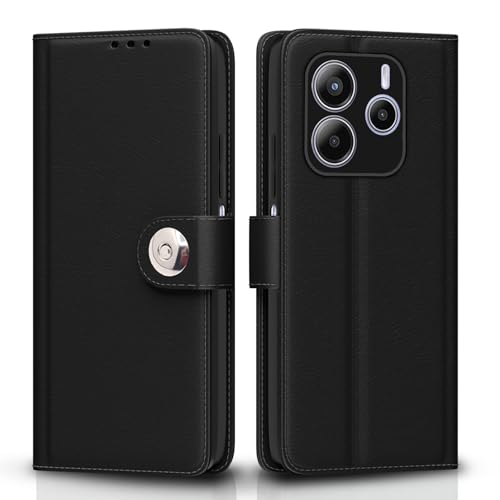 Image of Pikkme Flip Cover Leather Finish | Inside TPU with Card Pockets | Wallet Stand and Shock Proof | Complete Protection Button Flip Case for Redmi Note 14 5G (Black)